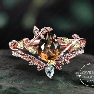 Art Deco Pear Smoky Quartz engagement ring Bridal Sets Rose Gold Unique Leaf Nature Inspired Brown Gemstone Promise Cluster ring jewelry