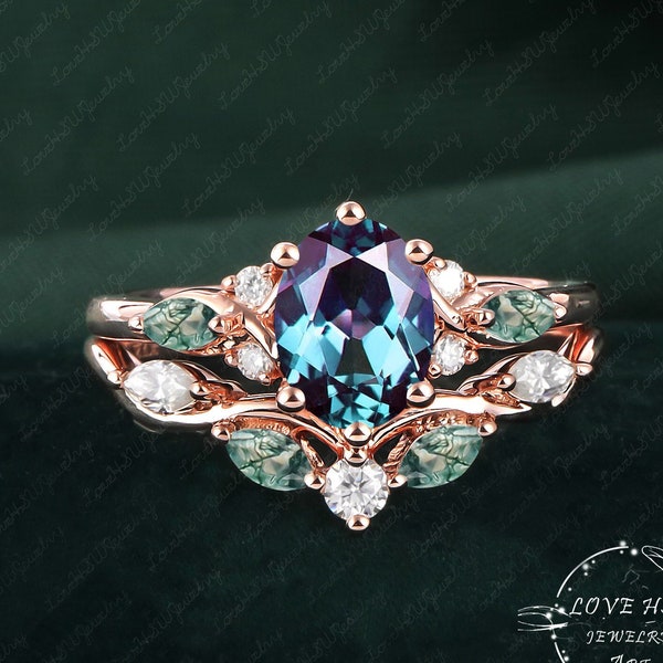 Vintage Oval Alexandrite engagement ring set Bridal Sets women Rose Gold Unique  Gemstone Promise ring Cluster ring anniversary ring women