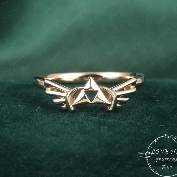 Triforce Inspired Zora Sapphire Spiritual Zelda Engagement Ring 14K Yellow Gold Ring Legend of Zelda Video Game Engagement Wedding Ring