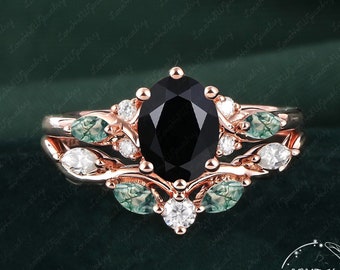 Vintage Oval Black onyx engagement ring set Bridal Sets women Rose Gold Unique Black Agate Promise ring Cluster ring anniversary ring women