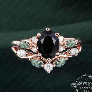 Vintage Oval Black onyx engagement ring set Bridal Sets women Rose Gold Unique Black Agate Promise ring Cluster ring anniversary ring women