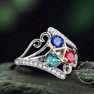 3 Color Stone Zora&#39;s Sapphire Legend of Zelda Engagement Ring Video Game 925 Sterling Silver Lab Sapphire Garnet Emerald Anniversary Ring