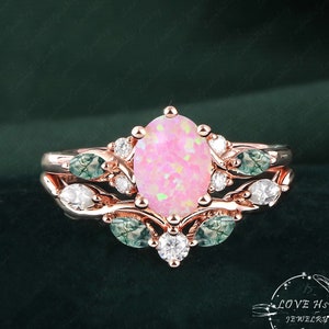 Vintage Oval Pink opal engagement ring sets Bridal sets Rose Gold Unique Gemstone Promise ring Cluster ring anniversary art deco ring women