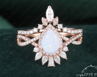 2PCS Pear shaped Opal engagement ring vintage engagement ring set yellow gold Marquise Moissanite ring Wedding Bridal Ring