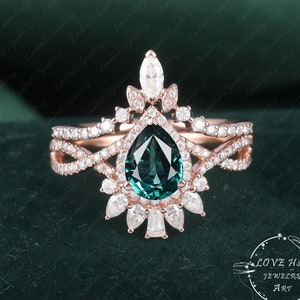 Pear shape Teal sapphire engagement ring sets vintage rose gold ring blue green sapphire unique engagement ring wedding Bridal ring
