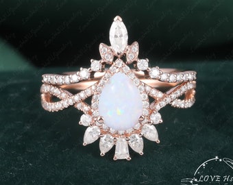 2PCS Pear shaped Opal engagement ring vintage engagement ring set rose gold Marquise Moissanite ring Wedding Bridal Ring