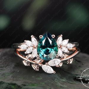 Teal sapphire engagement ring sets Vintage Unique Diamond Moissanite Leaf Pear Shape Cluster Rose gold engagement ring Anniversary Ring