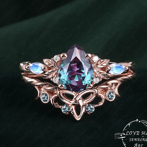 Ensemble de bagues de fiançailles en alexandrite poire vintage Ensembles de mariée pour femmes Bague de promesse avec pierres précieuses uniques en or rose, Bague d'anniversaire torsadée