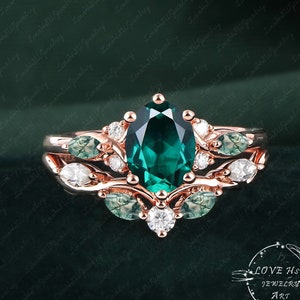 Vintage Oval Emerald engagement ring set Bridal Sets women Rose Gold Unique Green Gemstone Promise ring Cluster ring anniversary ring women