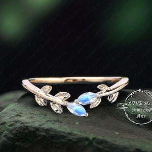 Unique Rose Gold Moonstone wedding band matching wedding band Delicate Art deco marquise  Wedding ring Vintage leaf Anniversary promise ring