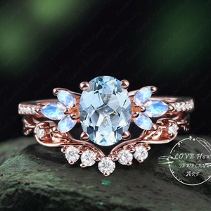 Vintage Oval Cut Natural Aquamarine engagement ring set women Rose Gold Unique promise ring diamond art deco wedding Bridal ring anniversary