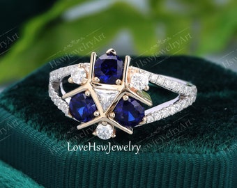 Triforce Zora's Sapphire Spiritual Stone Diamond / Moissanite Custom Ring 14K Gold Legend of Zelda Inspired Ring Video Game Engagement Ring