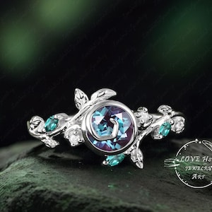 Vintage Alexandrite engagement ring set Nature Inspired Bridal Ring women White Gold Moon Leaf Unique Gemstone Promise ring anniversary ring