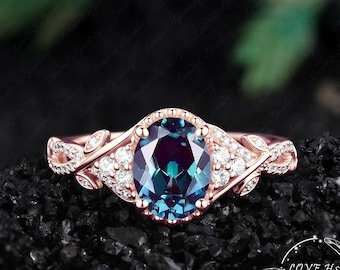 Vintage ovale alexandriet verlovingsring, roségouden bladgoud, milgrain diamanten, art deco belofte ring voor haar, trouwring, jubileumsieraad.