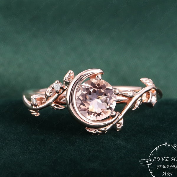 Vintage Pink morganite engagement ring Nature Inspired Bridal Ring women Rose Gold Unique Gemstone Promise ring Moon Leaf anniversary