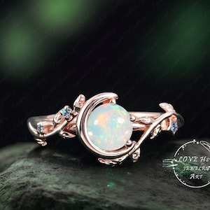 Vintage Natural Opal engagement ring  Nature Inspired Bridal ring Rose Gold Unique Gemstone Promise ring birthstone Leaf anniversary ring