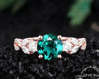 Anillo de compromiso vintage de esmeralda, anillo de racimo de oro rosa, anillo de boda art déco, anillo de promesa para ella, anillo nupcial, regalos de joyería para bodas.