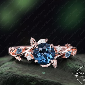 London Blue Topaz engagement ring leaf Vintage Rose gold wedding ring Twig art deco promise ring for her bridal ring statement anniversary