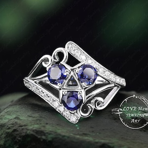 Three Stone Zora&#39;s Sapphire Legend of Zelda Engagement Custom Ring Video Game 14k White Gold  Sapphire Anniversary Wedding Ring