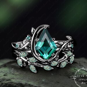 Gotische vintage vlieger smaragd verlovingsring set blad zwart goud vrouwen maan groene edelsteen ring bruids set belofte ring jubileum cadeau