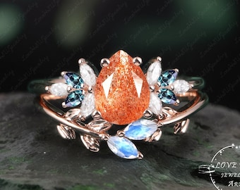 Vintage Sunstone engagement ring sets women Rose Gold Unique Pear shaped Cluster ring moonstone wedding ring Bridal anniversary ring