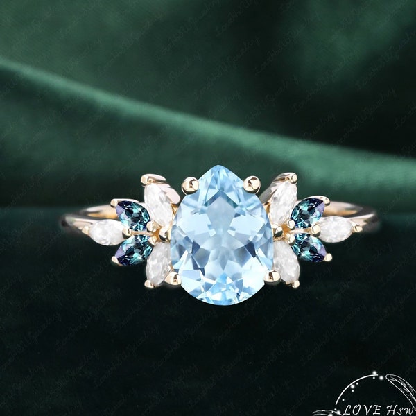 Vintage Aquamarine engagement ring women Rose Gold Unique Pear shaped Cluster ring moonstone wedding ring Bridal anniversary ring