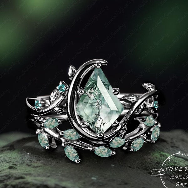 Gothic Vintage Kite Moss Agate Engagement Ring Set Leaf Black Gold Women Moon Green Gemstone Ring Bridal Set Promise Ring  Anniversary Gift