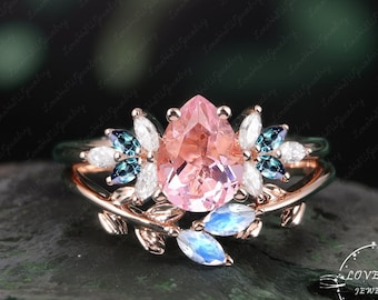 Vintage Pink Sapphire Verlobungsring Frauen Versprechen Ring 14K Rose Gold Einzigartige Birnenförmige Statement Ring Cluster Ring Art-Deco-Ring