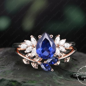 Blue sapphire engagement ring set vintage rose gold Unique pear shape engagement ring diamond wedding ring Bridal anniversary ring gift