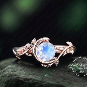 Vintage Natural Moonstone engagement ring Nature Inspired Bridal Ring Rose Gold Unique Gemstone Promise ring Moon Leaf anniversary ring