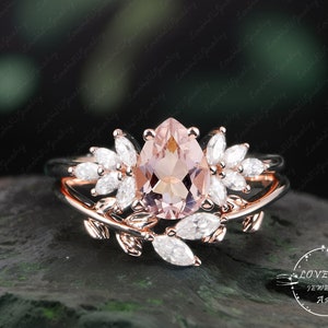 Vintage Pear Shape Morganite engagement ring set Unique Marquise cut Diamond Cluster rose gold engagement ring Bridal Anniversary Ring