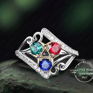 Legend of Zelda 14K Gold Diamond Engagement Ring Natural Sapphire Ruby Emerald Three Stone Zora&#39;s Video Game Wedding Ring Triforce Ring