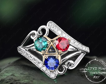 Bague de fiançailles en or 14 carats et diamants Legend of Zelda, saphir naturel, rubis, émeraude, alliance trois pierres pour jeu vidéo Zora, bague triforce