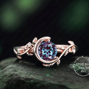 Vintage Alexandrit Verlobungsring Natur inspiriert Brautschmuck Frauen Weißgold Einzigartiger Edelstein Versprechen Ring für sie Mond Blatt Jahrestag