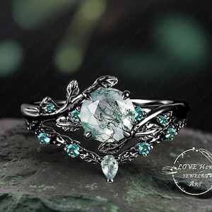 Gothic Moss agate engagement ring set Bridal Set women Black Gold Vintage Green Gemstone Promise ring Art Deco Cluster anniversary ring