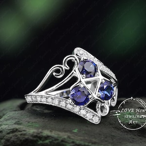 Three Stone Zora&#39;s Sapphire Legend of Zelda Engagement Custom Ring Video Game 925 Sterling Silver Synthetic Sapphire Anniversary Ring