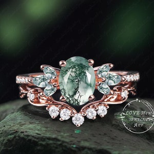 Vintage Oval Cut Moss Agate engagement ring set women Rose Gold Unique promise ring diamond art deco wedding Bridal ring anniversary
