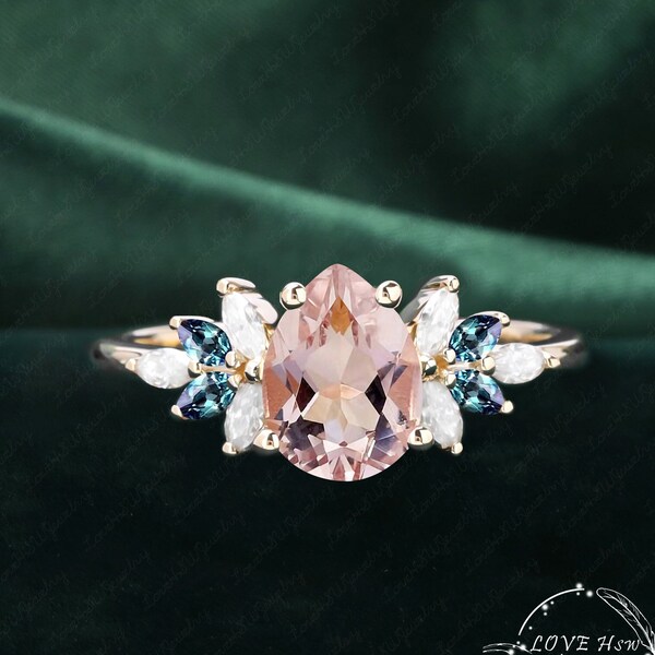 Vintage Morganite engagement ring women Rose Gold Unique Pear shaped Cluster ring moonstone wedding ring Bridal anniversary ring