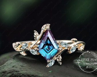 Pierścionek zaręczynowy z litego drewna aleksandrytowego w stylu vintage, żółte złoto, pierścień z liści, wyjątkowy ślub, pierścionek zaręczynowy z gałązką, zielony kamień szlachetny, prezent dla kobiet