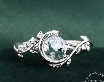 Vintage Moss agate engagement ring Nature Inspired Bridal ring women White Gold Unique Gemstone Promise ring Moon Leaf anniversary ring