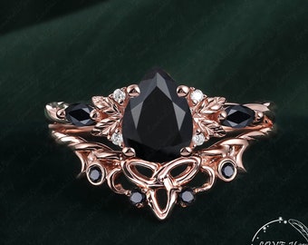 Vintage Pear black onyx engagement ring Bridal Ring women Rose Gold Unique Gemstone leaf Promise ring twisted Cluster anniversary ring women