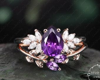 Amethyst Verlobungsring Vintage Rosegold Einzigartige Birnenform Verlobungsring Diamant Ehering Hochzeitsjubiläum Ring Geschenk Frauen