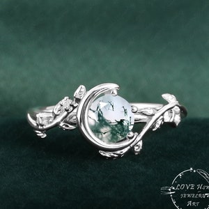 Vintage Moss agate engagement ring Nature Inspired Bridal ring women White Gold Unique Gemstone Promise ring Moon Leaf anniversary ring