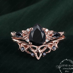 Vintage Pear black onyx engagement ring Bridal Ring women Rose Gold Unique Gemstone leaf Promise ring twisted Cluster anniversary ring women