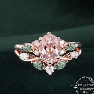 Vintage Oval Morganite engagement ring set Bridal Sets women Rose Gold Unique Gemstone Promise ring Cluster ring anniversary ring women