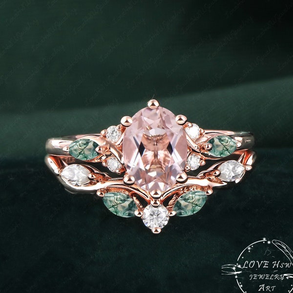 Anillo de compromiso de morganita ovalada vintage conjunto de conjuntos nupciales mujeres oro rosa anillo de promesa de piedra preciosa única anillo de racimo anillo de aniversario mujeres