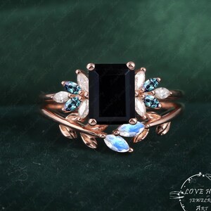 Vintage Emerald Cut Black onyx engagement ring sets women Rose Gold Unique Cluster ring marqiuse moonstone wedding ring Bridal anniversary