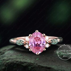 Vintage Oval Pink sapphire engagement ring Bridal Ring women Rose Gold Unique Gemstone Promise ring Cluster ring anniversary ring women