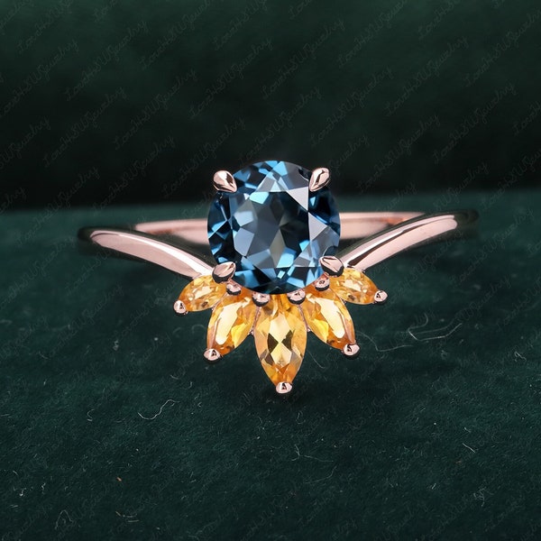 London Blue Topaz Engagement Ring Rose gold Round Cut ring Vintage Bridal Marquise cut Citrine ring Art deco Promise Anniversary Ring