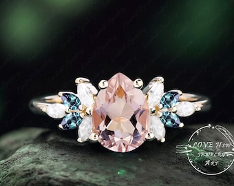 Anello di fidanzamento vintage in morganite da donna, anello a forma di pera in oro rosa, anello di pietra di luna, anello nuziale per anniversario di matrimonio